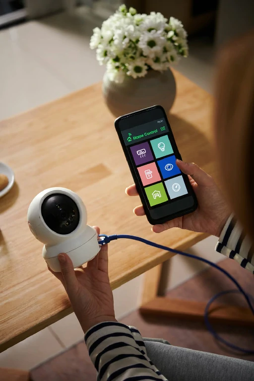 Woman Connecting Security Camera to Smartphone